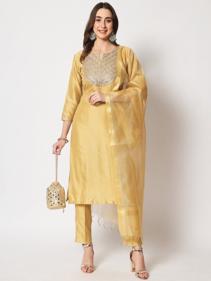 anokherang Combos Gold Embroidered Straight Kurti with Straight Pants and dupatta