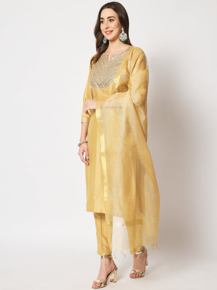 anokherang Combos Gold Embroidered Straight Kurti with Straight Pants and dupatta
