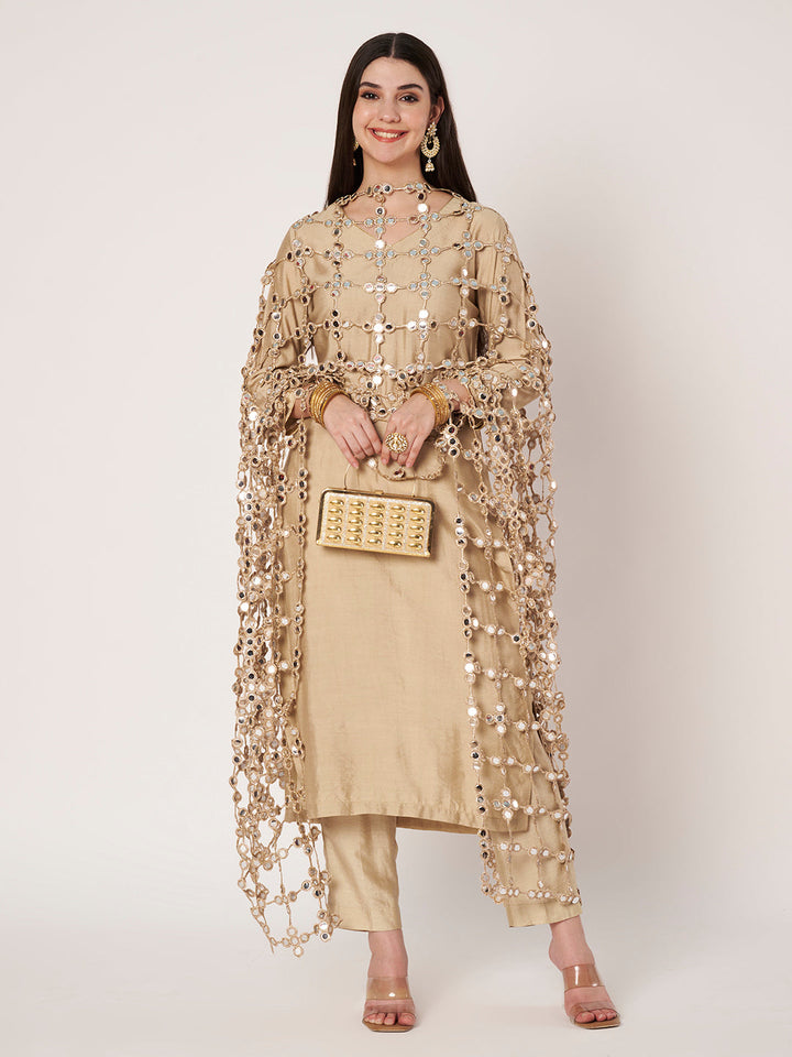 anokherang Combos Golden Glow Silk Straight Suit with Mirror Embroidered Dupatta