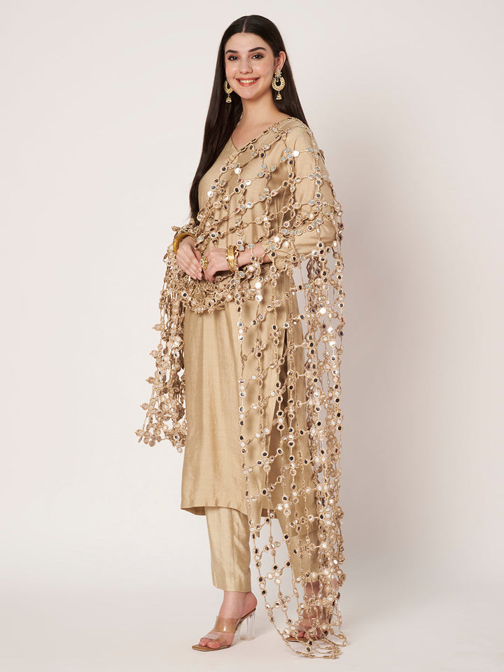 anokherang Combos Golden Glow Silk Straight Suit with Mirror Embroidered Dupatta