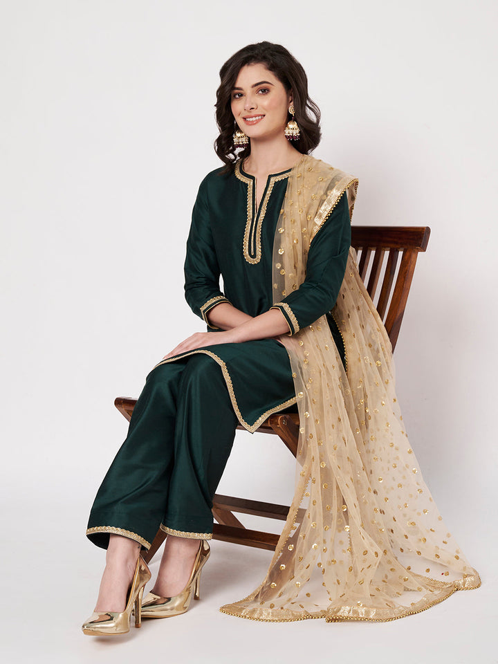 anokherang Combos Graceful Green Silk Short Kurti with Salwar with Gold Sequin Dupatta
