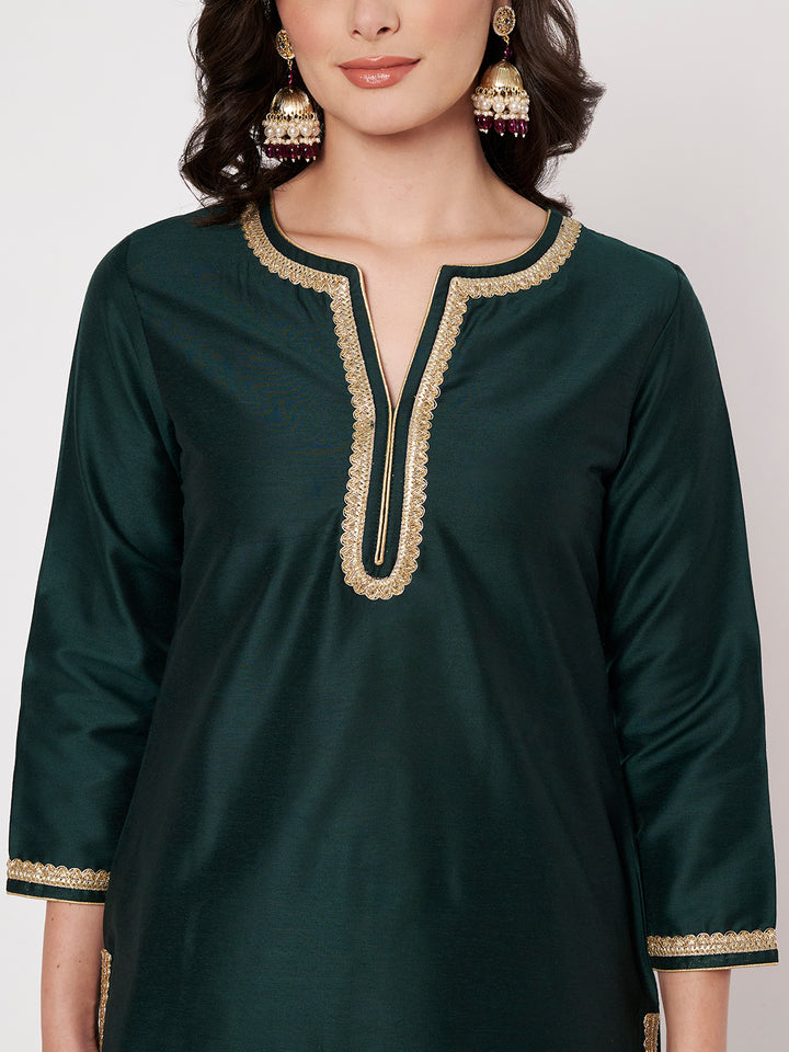 anokherang Combos Graceful Green Silk Short Kurti with Salwar with Gold Sequin Dupatta