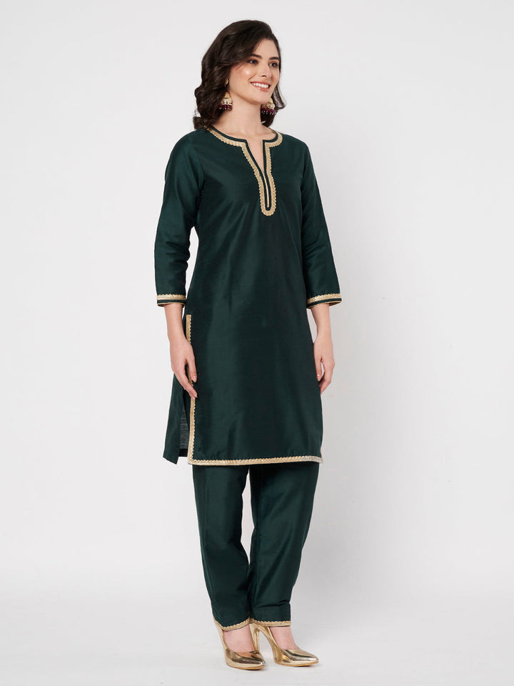 anokherang Combos Graceful Green Silk Short Kurti with Salwar with Gold Sequin Dupatta