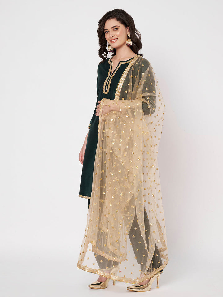 anokherang Combos Graceful Green Silk Short Kurti with Salwar with Gold Sequin Dupatta