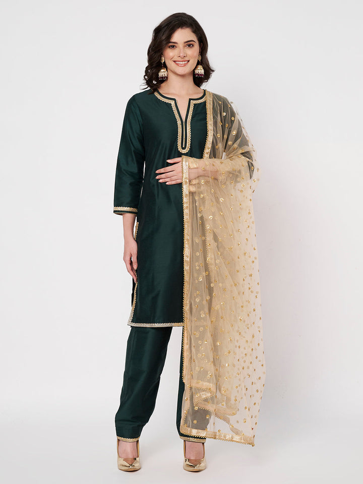 anokherang Combos Graceful Green Silk Short Kurti with Salwar with Gold Sequin Dupatta