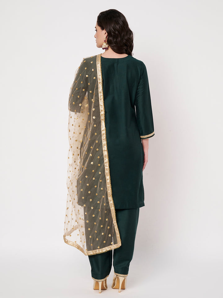 anokherang Combos Graceful Green Silk Short Kurti with Salwar with Gold Sequin Dupatta