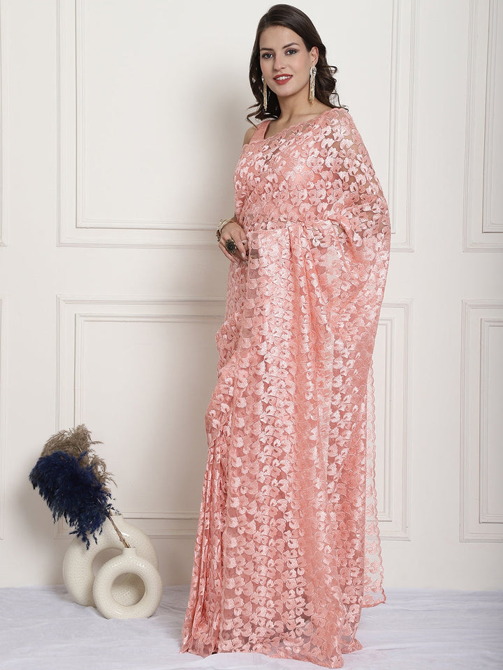 anokherang Combos Graceful Peach Net Embroidered Readymade Saree