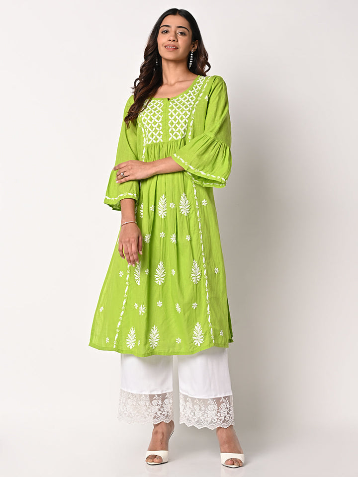 anokherang Combos Green Anarkali Chikankari Kurti