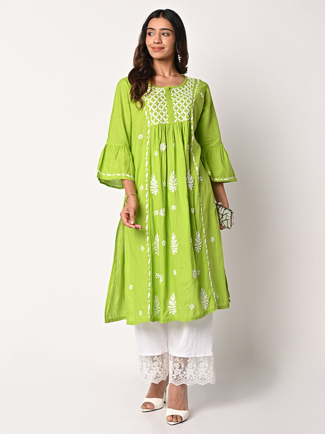 Buy Lime Green Embroidered Cotton Kurta with Palazzo- Set of 2 |  KAAS52FEB104/KP/G/KAAS52FEB | The loom