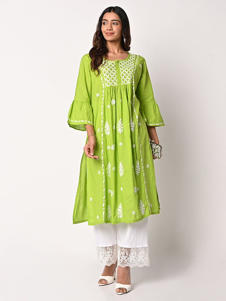 anokherang Combos Green Anarkali Chikankari Kurti with Palazzo