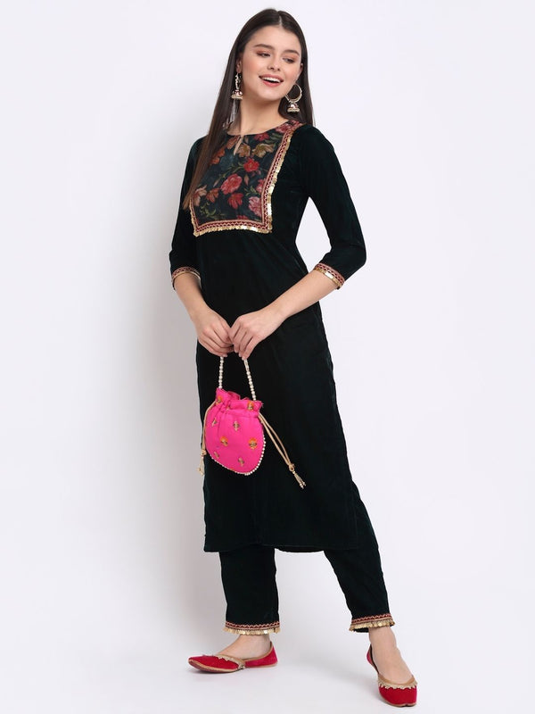 anokherang Combos Green Floral Printed Velvet Kurti