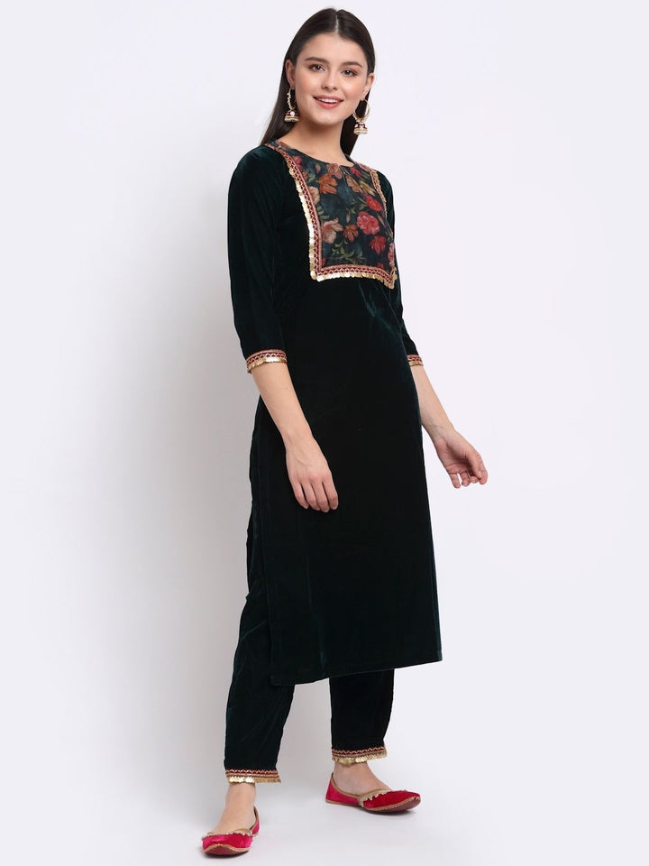 anokherang Combos Green Floral Printed Velvet Kurti