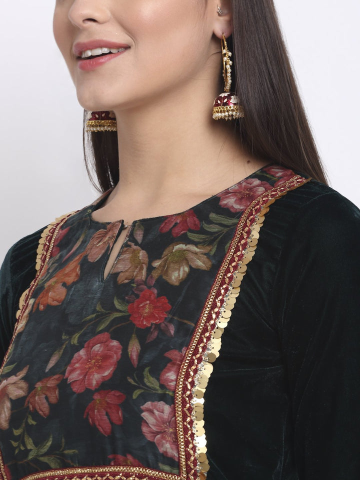 anokherang Combos Green Floral Printed Velvet Kurti