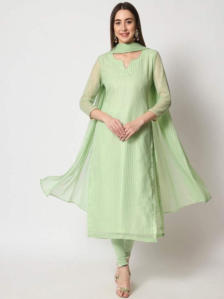 anokherang Combos Green Glam Foil Lines Straight Kurti with Chudidar and Foil Dupatta