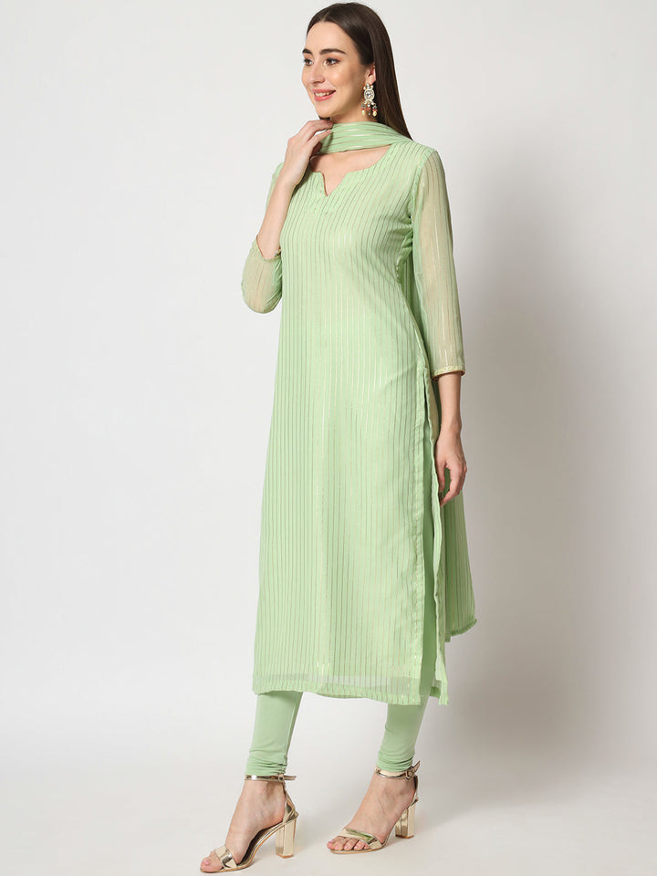 anokherang Combos Green Glam Foil Lines Straight Kurti with Chudidar and Foil Dupatta