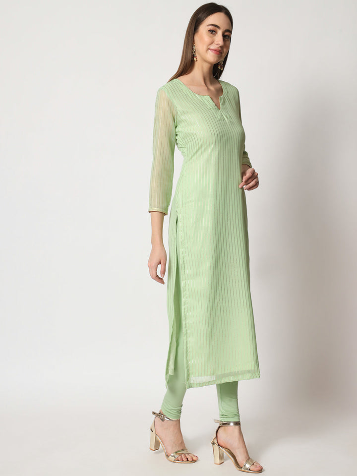 anokherang Combos Green Glam Foil Lines Straight Kurti with Chudidar and Foil Dupatta
