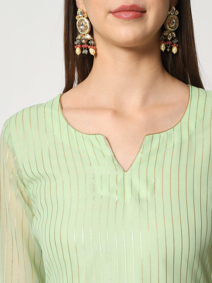 anokherang Combos Green Glam Foil Lines Straight Kurti with Chudidar and Foil Dupatta