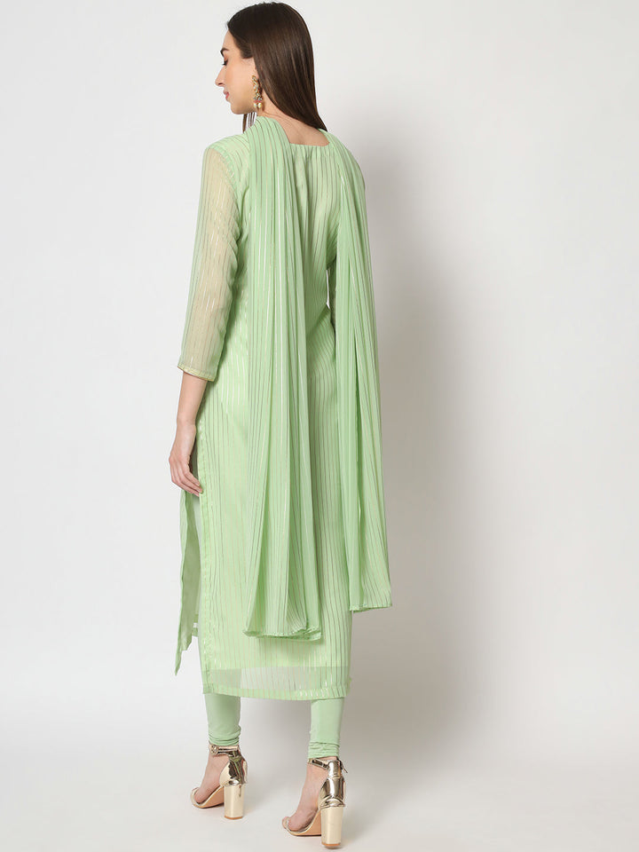 anokherang Combos Green Glam Foil Lines Straight Kurti with Chudidar and Foil Dupatta