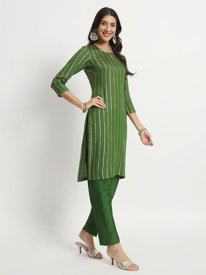 anokherang Combos Green Streaks Silk Kurti with Pants and Chiffon Dupatta