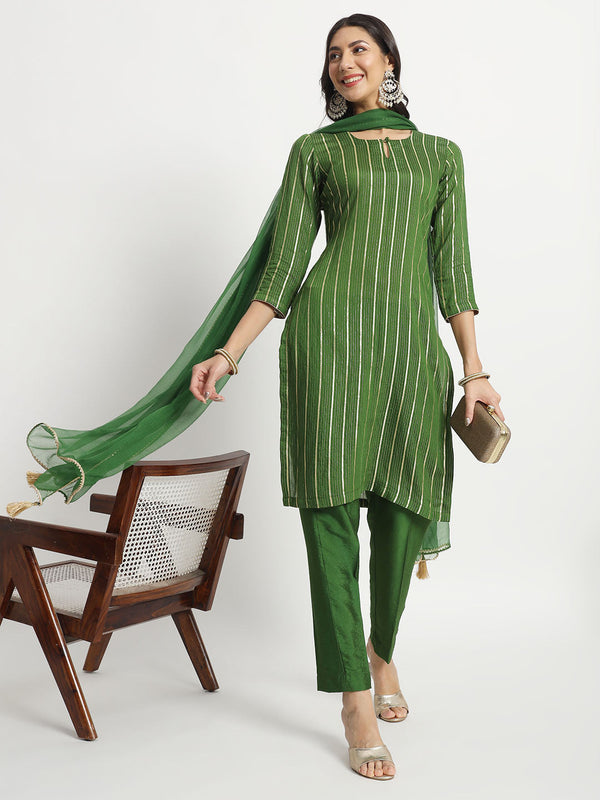 anokherang Combos Green Streaks Silk Kurti with Pants and Chiffon Dupatta