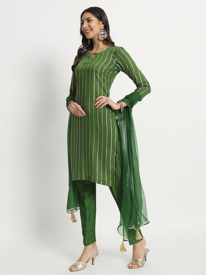 anokherang Combos Green Streaks Silk Kurti with Pants and Chiffon Dupatta