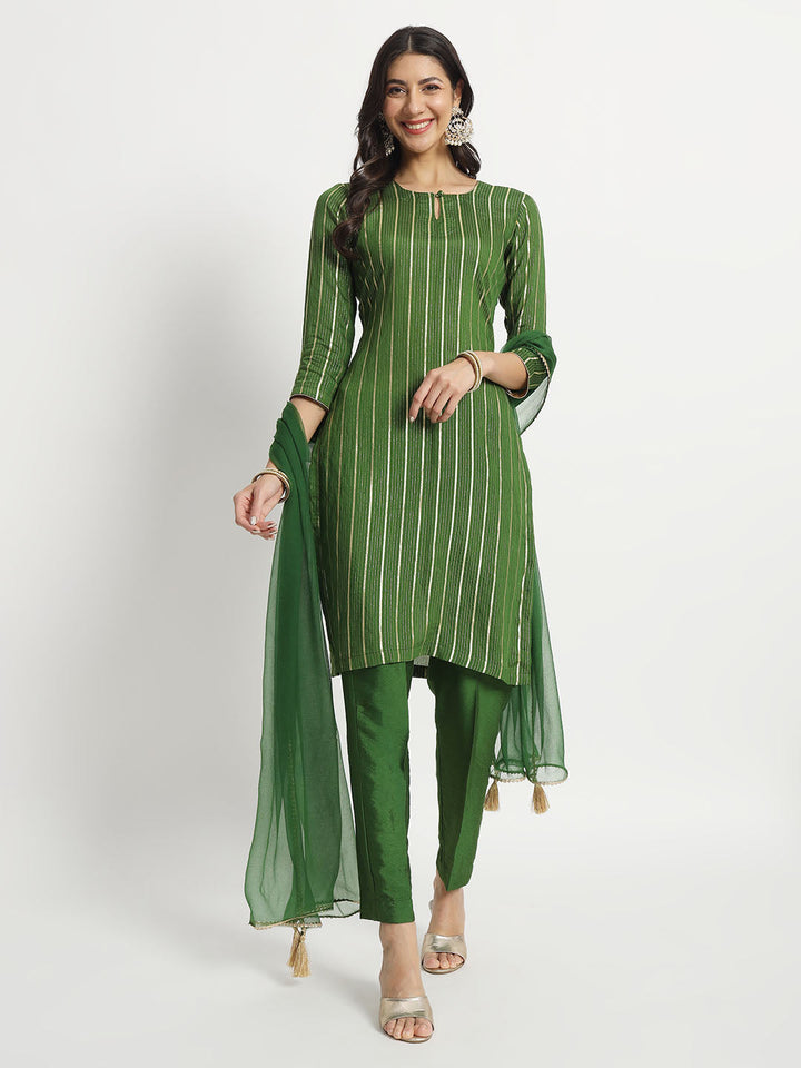 anokherang Combos Green Streaks Silk Kurti with Pants and Chiffon Dupatta