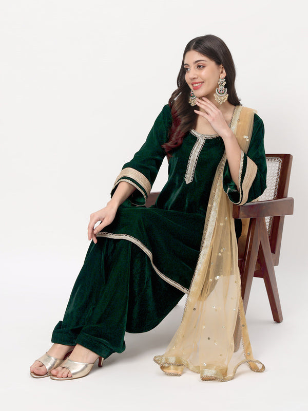 anokherang Combos Green Velvet Short Anarkali with Salwar and Dupatta