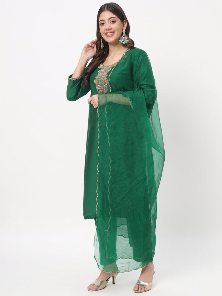 anokherang Combos Green Zardozi Embroidered Straight Kurti with Straight Pants and Scalloped Embroidered Organza Dupatta