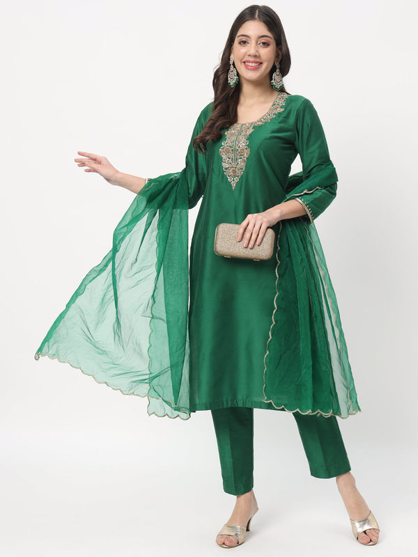 anokherang Combos Green Zardozi Embroidered Straight Kurti with Straight Pants and Scalloped Embroidered Organza Dupatta