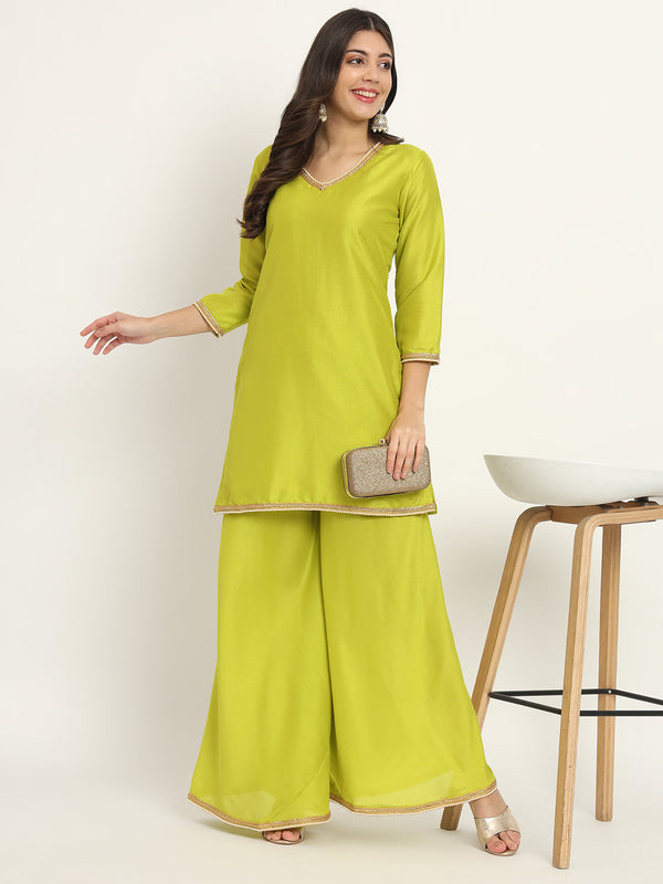 anokherang Combos Happy Green Pearl Silk Kurti with Flared Palazzo