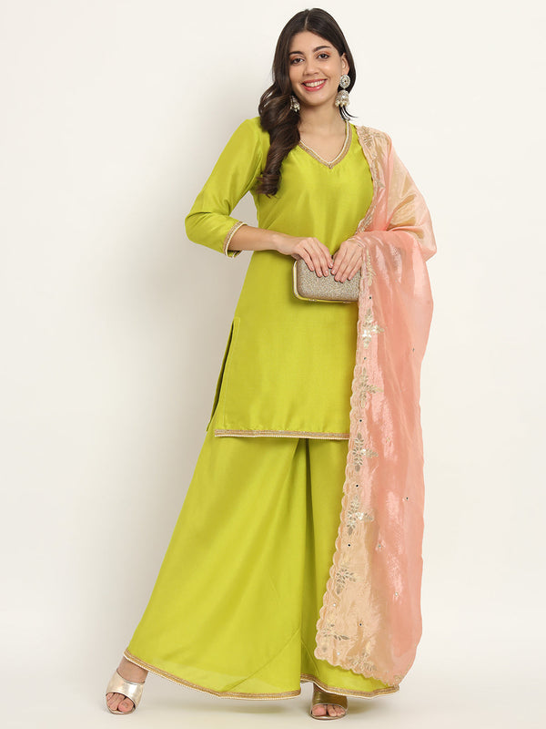 anokherang Combos Happy Green Pearl Silk Kurti with Flared Palazzo and Silk Dupatta