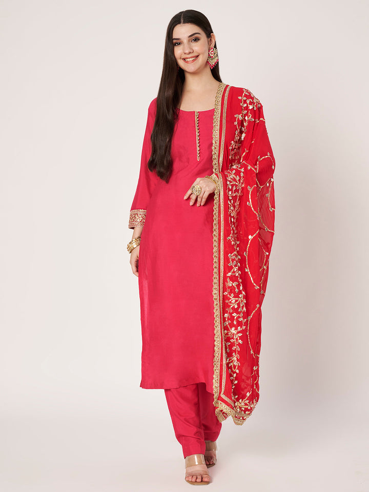 anokherang Combos Hoor Pink Silk Kurti with Pants with Gota Patti Dupatta