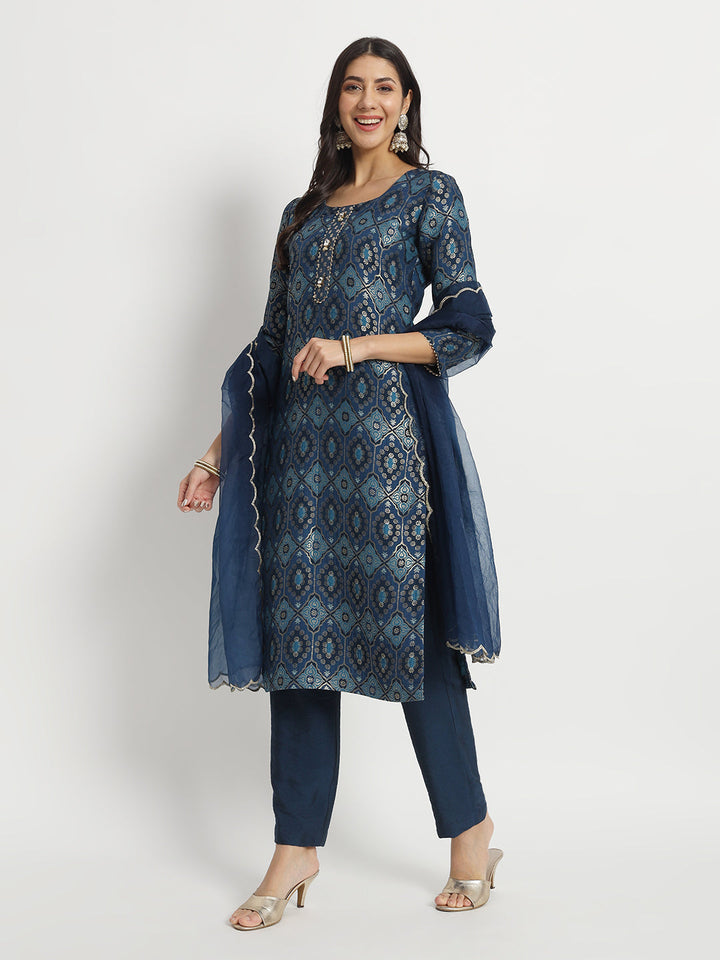 anokherang Combos Indigo Dusk Delight Banarasi Silk Kurti With Pants And Organza Dupatta Set