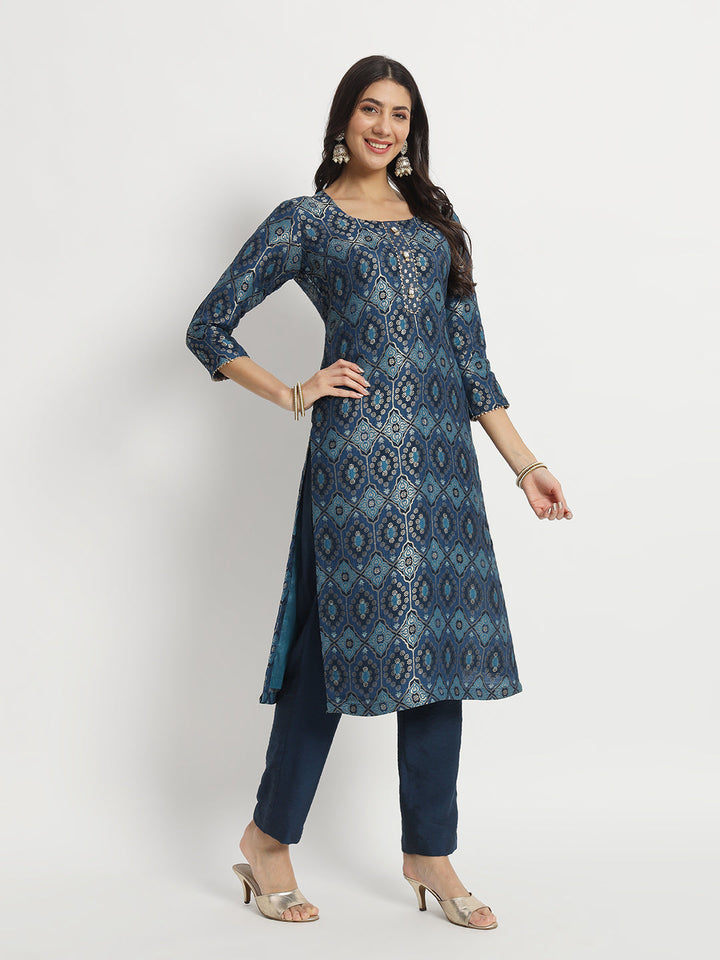 anokherang Combos Indigo Dusk Delight Banarasi Silk Kurti With Pants And Organza Dupatta Set