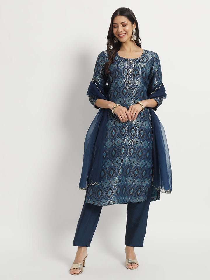 anokherang Combos Indigo Dusk Delight Banarasi Silk Kurti With Pants And Organza Dupatta Set