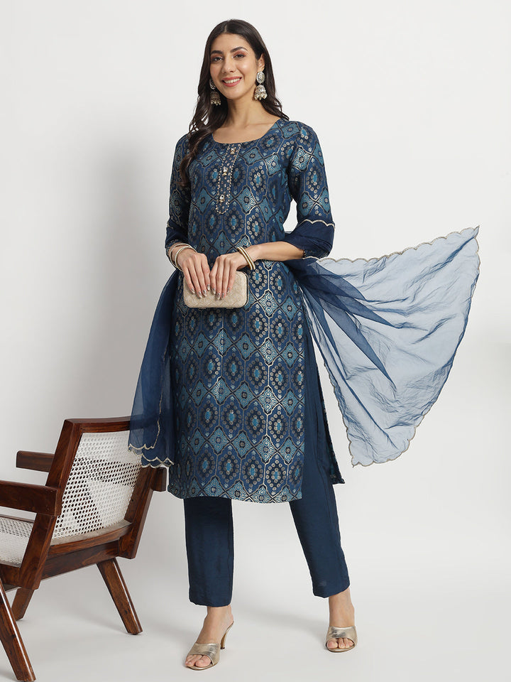 anokherang Combos Indigo Dusk Delight Banarasi Silk Kurti With Pants And Organza Dupatta Set