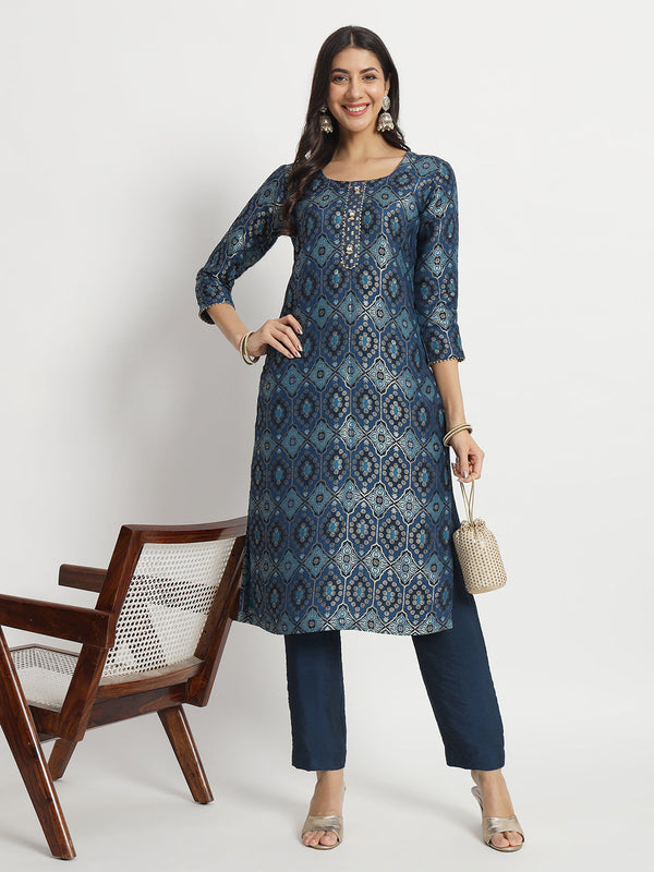 anokherang Combos Indigo Dusk Delight Banarasi Silk Kurti With Pants Set