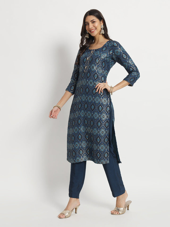 anokherang Combos Indigo Dusk Delight Banarasi Silk Kurti With Pants Set