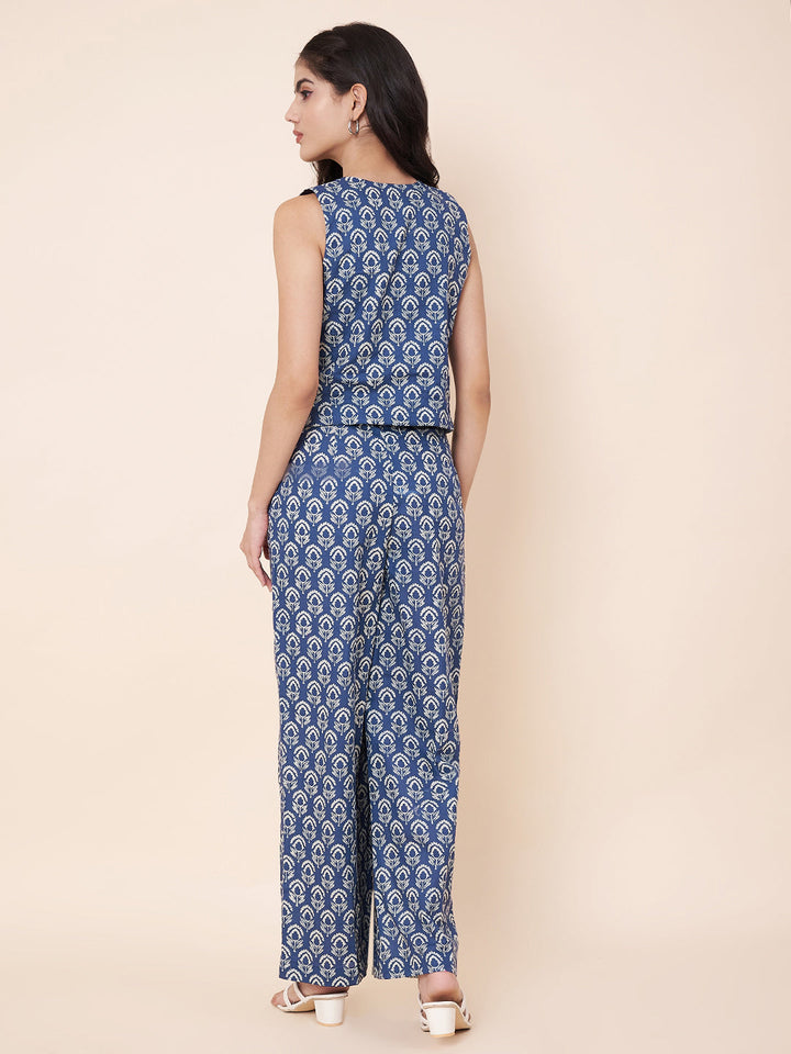 anokherang Combos Indigo Printed Waist Coat Top with Pants