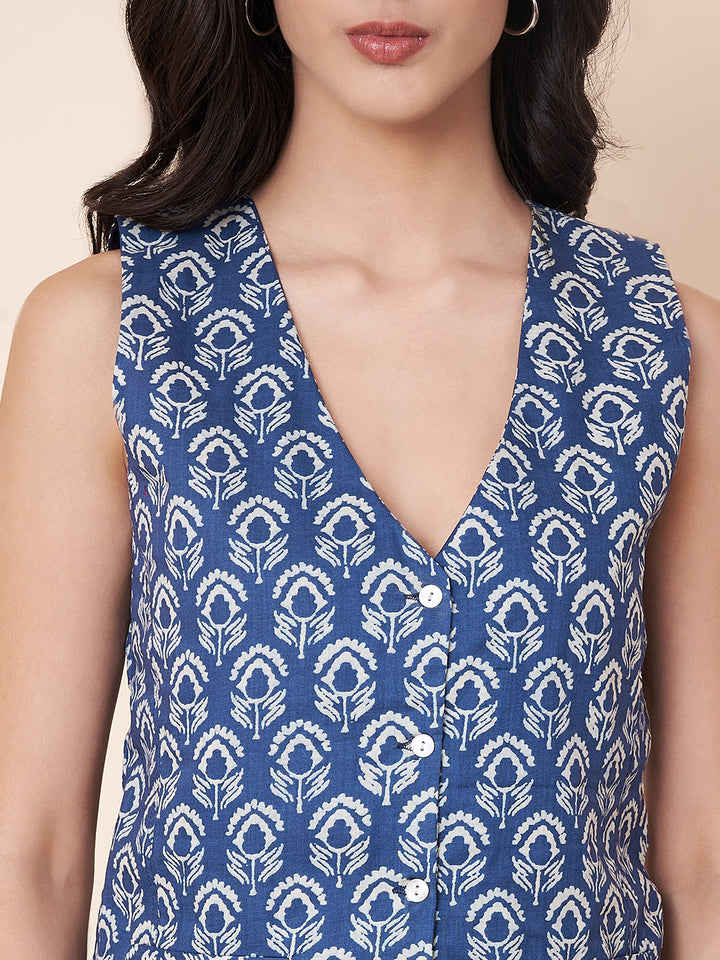 anokherang Combos Indigo Printed Waist Coat Top with Pants