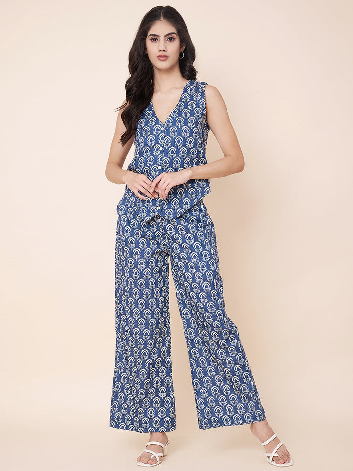 anokherang Combos Indigo Printed Waist Coat Top with Pants