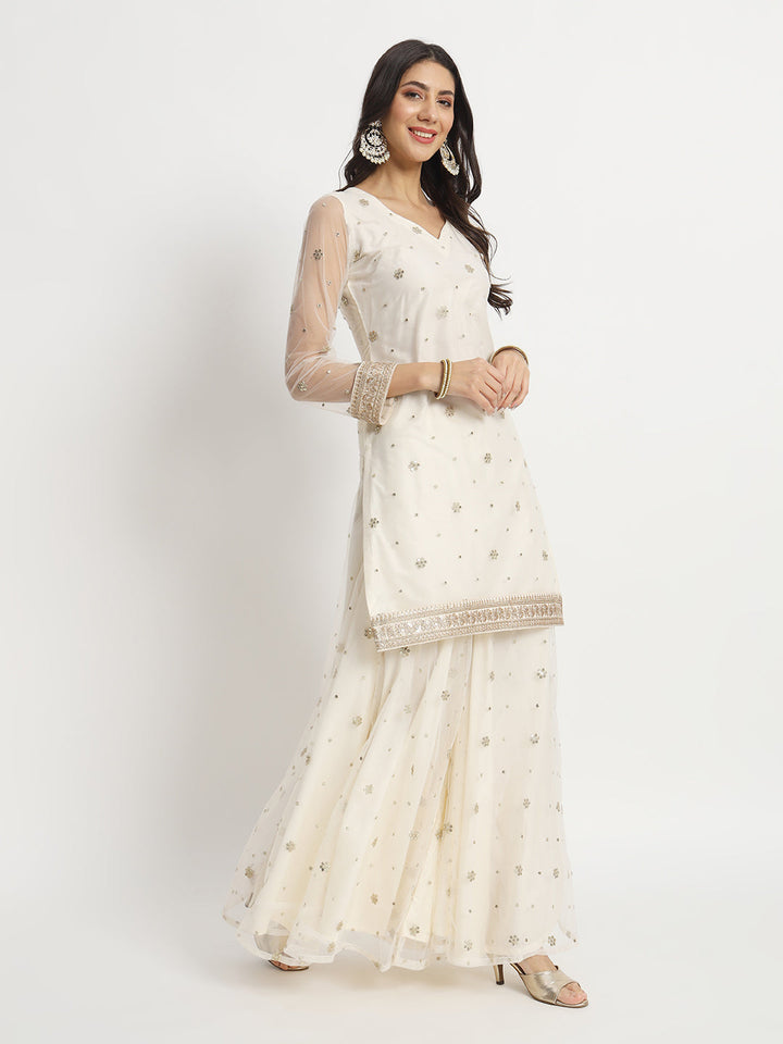 anokherang Combos Ivory Dream Net Embroidered Kurti With Palazzo And Net Sequin Dupatta