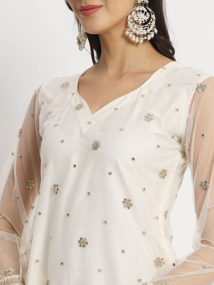 anokherang Combos Ivory Dream Net Embroidered Kurti With Palazzo And Net Sequin Dupatta