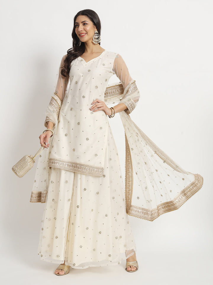 anokherang Combos Ivory Dream Net Embroidered Kurti With Palazzo And Net Sequin Dupatta