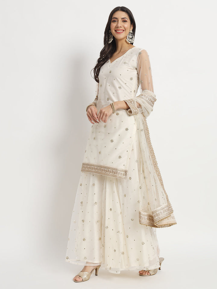 anokherang Combos Ivory Dream Net Embroidered Kurti With Palazzo And Net Sequin Dupatta