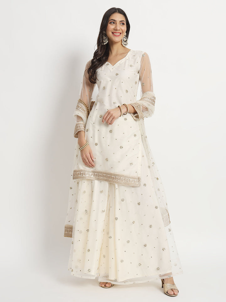 anokherang Combos Ivory Dream Net Embroidered Kurti With Palazzo And Net Sequin Dupatta
