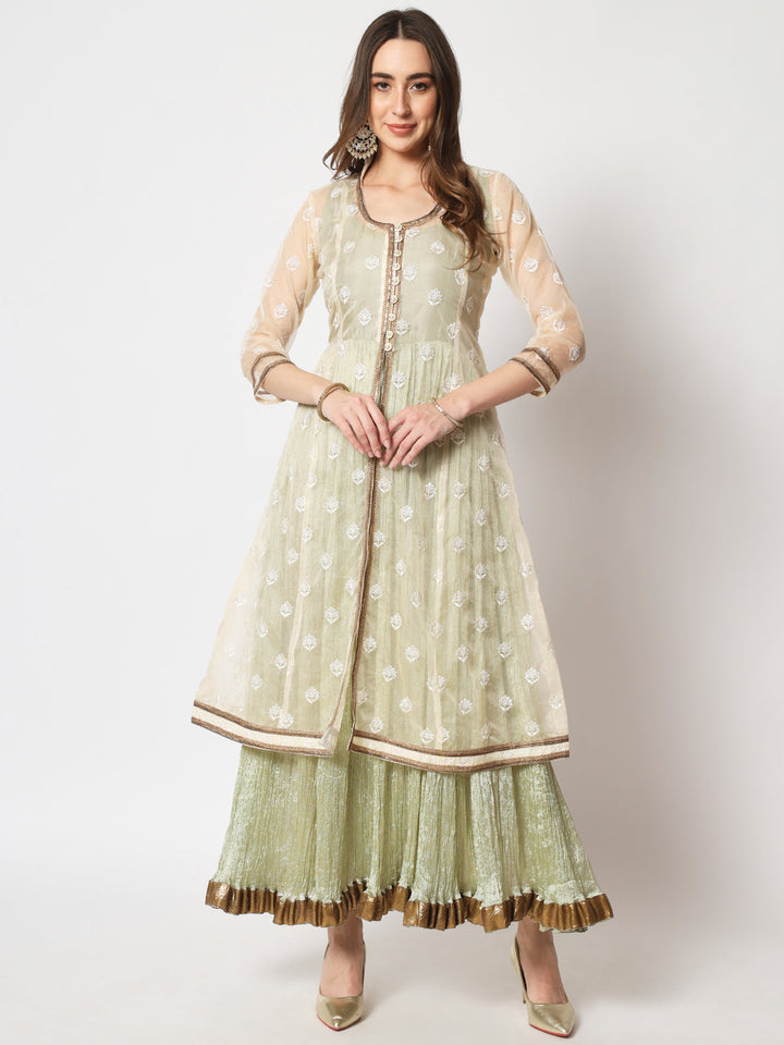 anokherang Combos Ivory Embroidered Jacket with Olive Green Silk Floorlength