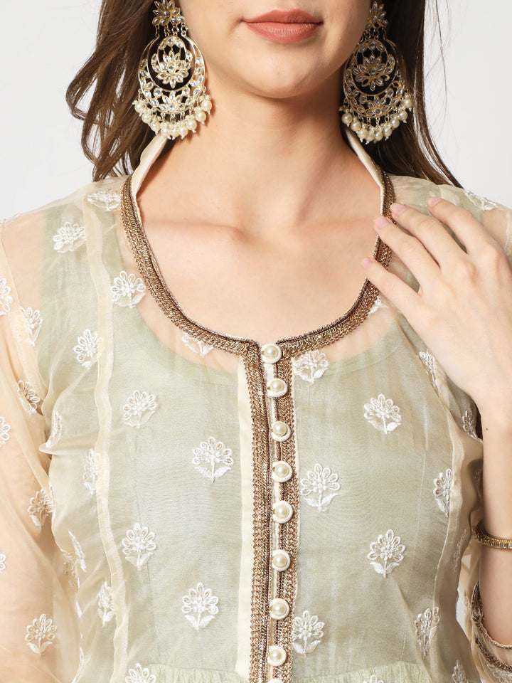 anokherang Combos Ivory Embroidered Jacket with Olive Green Silk Floorlength