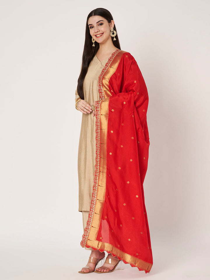 anokherang Combos Ivory Silk Straight Kurti With Pants and Red Pathani Dupatta