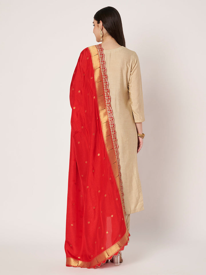 anokherang Combos Ivory Silk Straight Kurti With Pants and Red Pathani Dupatta